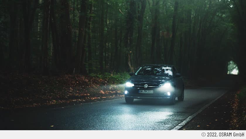 Ein Fahrzeug mit OH-Kennzeichen fährt in der Dunkelheit durch ein Waldstück. Die Scheinwerfer sind mit LED-Retrofits ausgerüstet und leuchten hell. Links und rechts von der Straße liegt Laub.