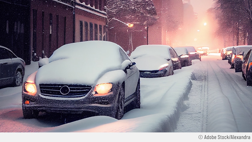 Auf dem Bild sieht man ein Auto mit eingeschalteten Scheinwefern am Straßenrand parken. Es liegt Schnee und auch alle anderen dort parkenden Autos sind schneebedeckt.