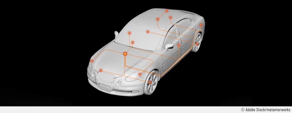 Auf dem Bild ist ein silbernes Auto, auf dem die Vernetzung vorhandener Steuergeräte mit orangenen Knoten und Verbindungslinien dargestellt wird. Das soll die Funktionsweise von CAN-Bussystemen im Auto darstellen.