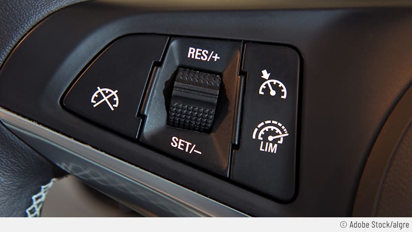 Auf dem Bild liegt der Fokus auf dem Schalter, der sich links an einem Lederlenkrad befindet und mit dem man die Assistenzsysteme Tempomat und Geschwindigkeitsregler steuern kann.