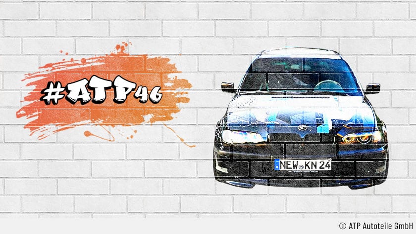 Das Projekt-Auto ATP46 wurde als Graffiti auf einer Wand gemalt – sehr passend zur Graffiti-Lackierung des aufgepeppten 3er BMW.