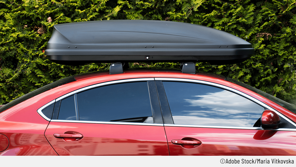 Ein rotes Auto mit einer befetsigten Dachbox steht vor eine Hecke. Das Auto inklusive Dachbox werden aus der Seitenansicht betrachtet.